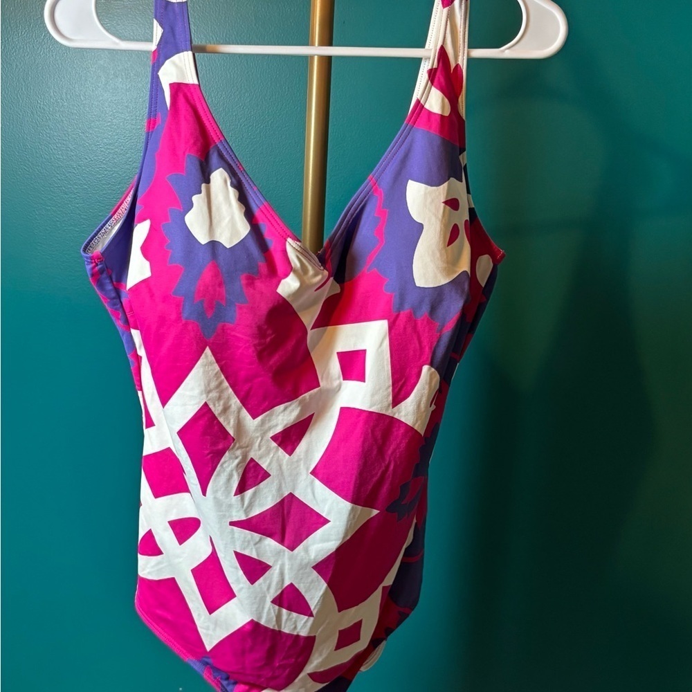 Kuny Barcelona Pink White and Purple One Piece Swimsuit with Geometric Design